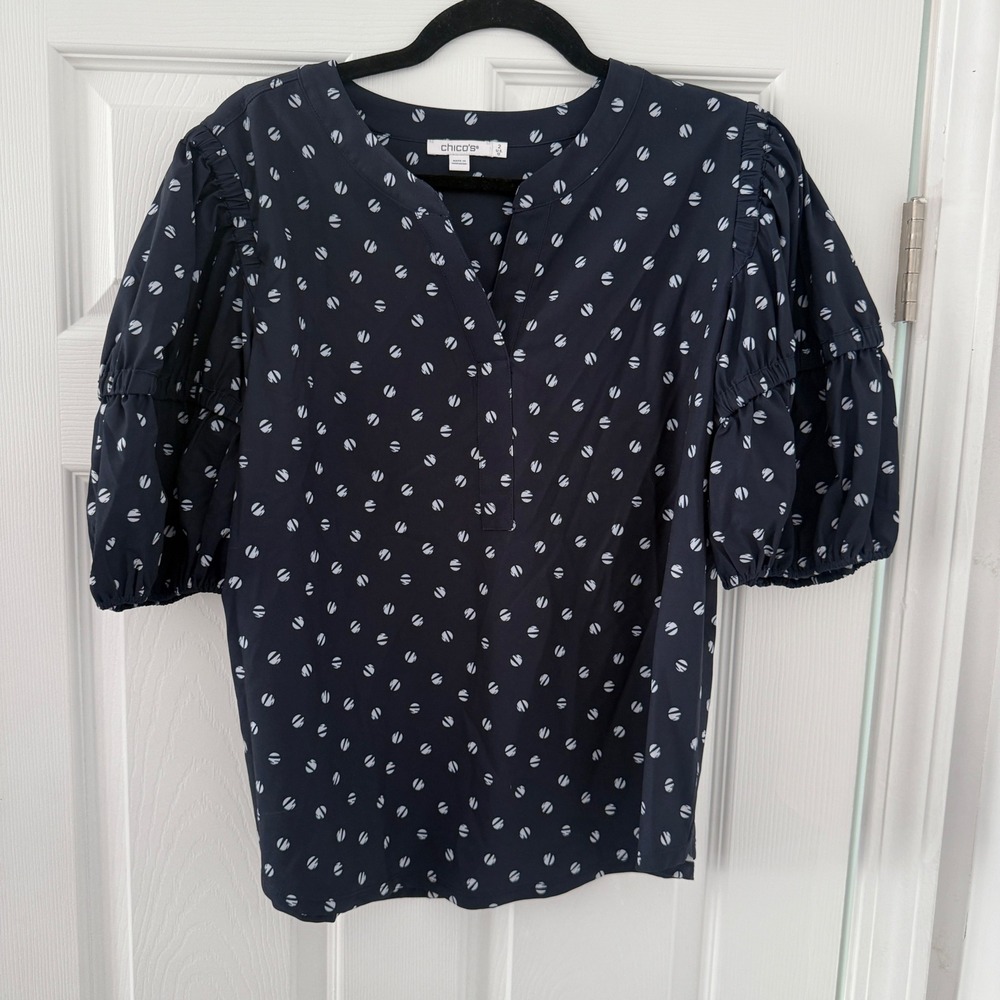 Chicos Navy Blue White Dot V‎ Neck Puff Sleeve Tunic Blouse Top Womens Large 2
